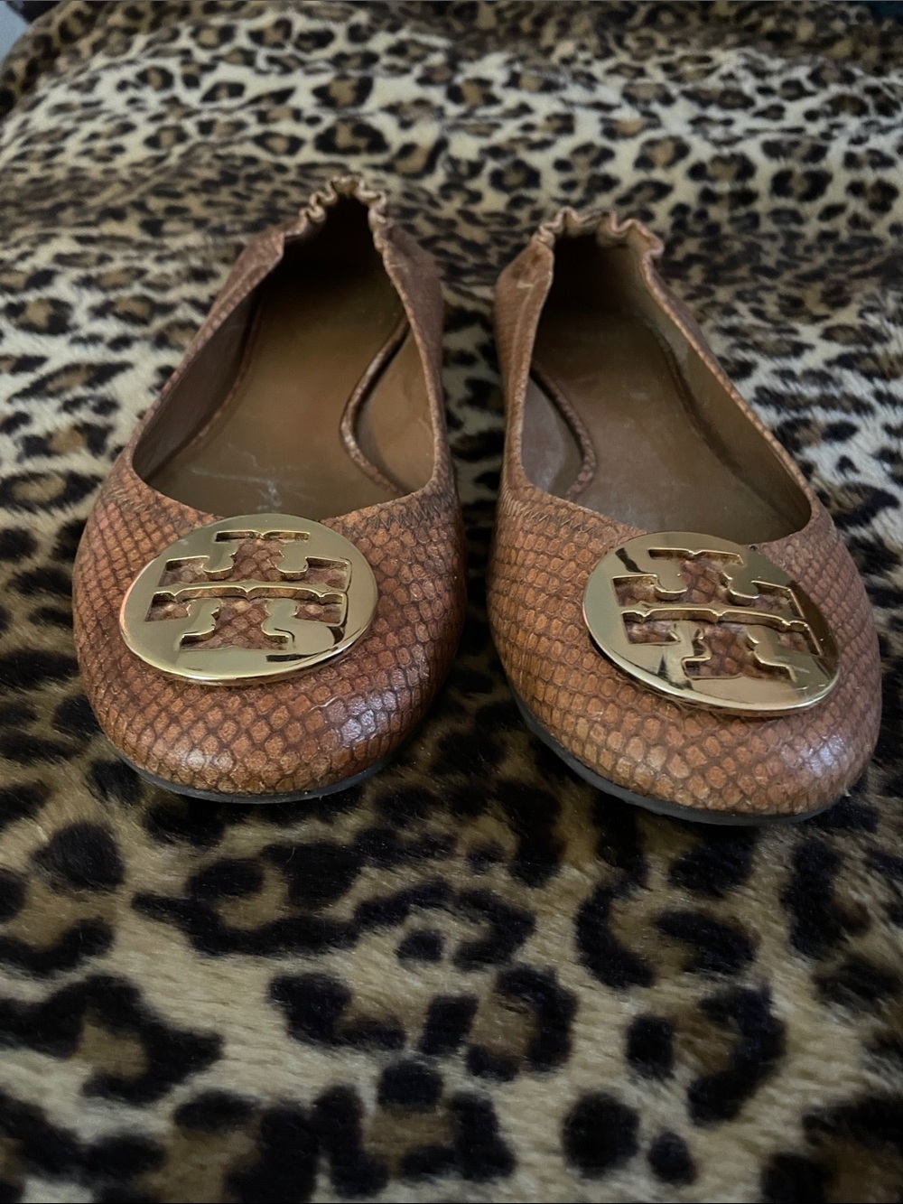 Tory Burch Brown Snake-Embossed Logo Ballet Flat
